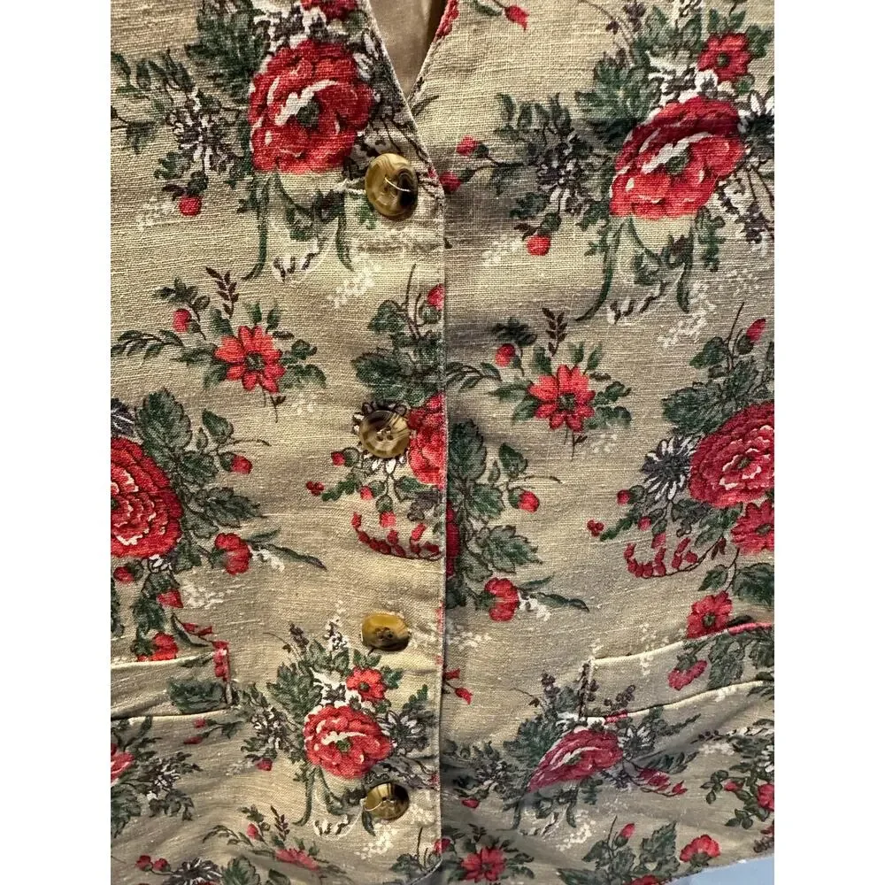 Roo Crossing Petite Women’s Waistcoat Vest Floral Beige Linen Cotten Small Vtg